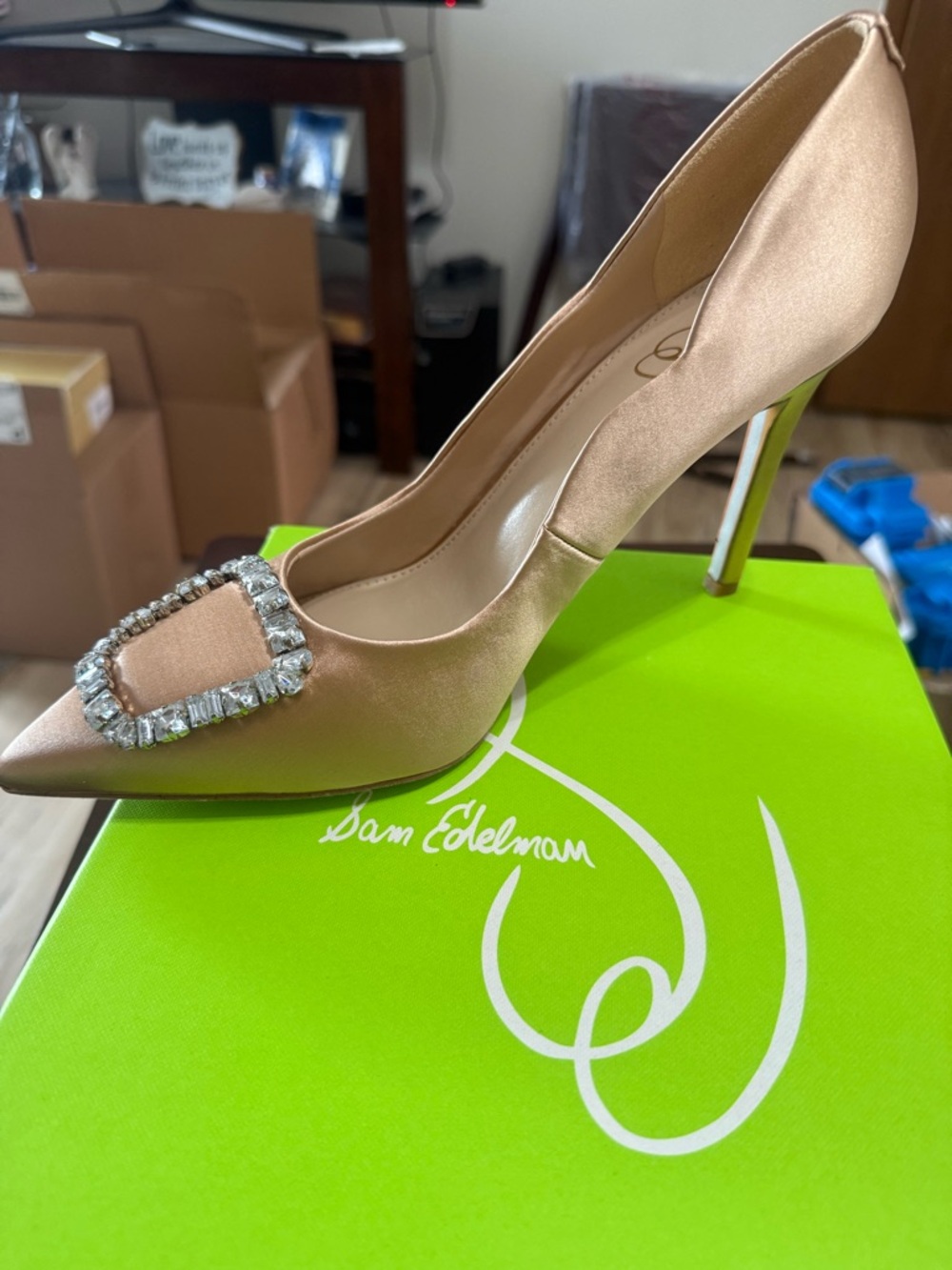 Sam Edelman Blush Satin Pointed-Toe Pump with Crystal Buckle - Picture 4 of 11